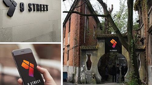 A collage of three images, showing a historic brick building with modern &quot;9 Street&quot; branding.