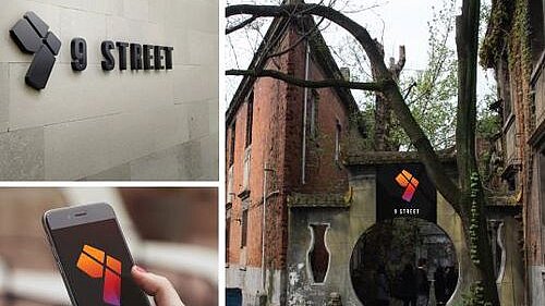 Eine Collage aus drei Bildern, wobei ein historisches Backsteingebäude mit modernem „9 Street“-Branding zu sehen ist.