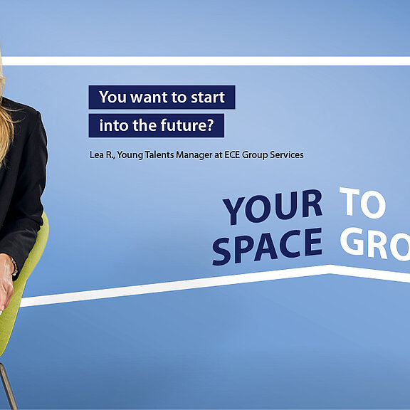 A woman in front of a blue background, in the background a frame enclosing the words "Your space to grow".