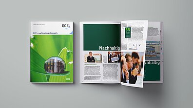 Cover picture and an open page of ECE&#039;s first sustainability report