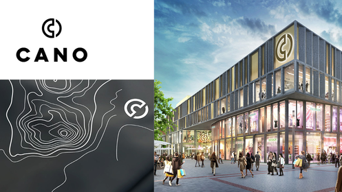 On the left side of the picture is the modern mall "CANO" and on the right side a stylized logo combined with an abstract topography graphic