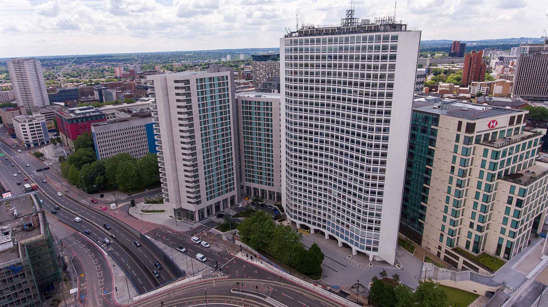 Aerial view of high-rise buildings in Birmingham.