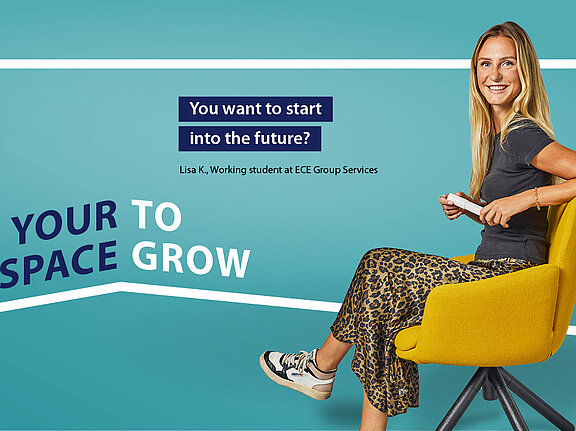 A woman in front of a turquoise background, in the background a white frame enclosing the words "Your space to grow".