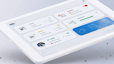 Weißes Arbeitsgerät mit ECE-Logo oben links auf dem Bildschirm und weiteren Tools
