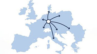 A map of Europe with several arrows pointing outwards from the centre.