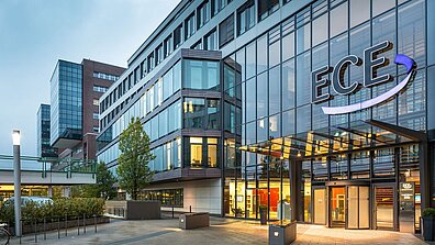 View of the main ECE building with large glass façade
